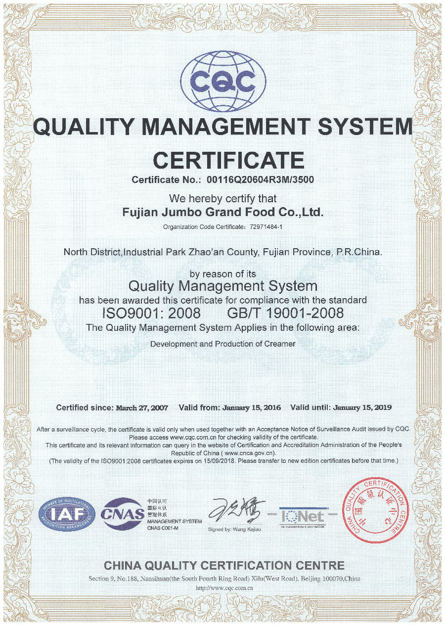 JUMBO GRAND -ISO 9001 QUALITY MANAGEMENT SYSTEM CERTIFICATE